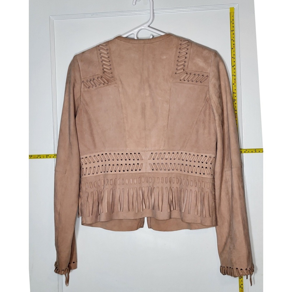 White House Black Market Suede Fringe Jacket Tan Boho Whipstitch Leather Small - Picture 3 of 8